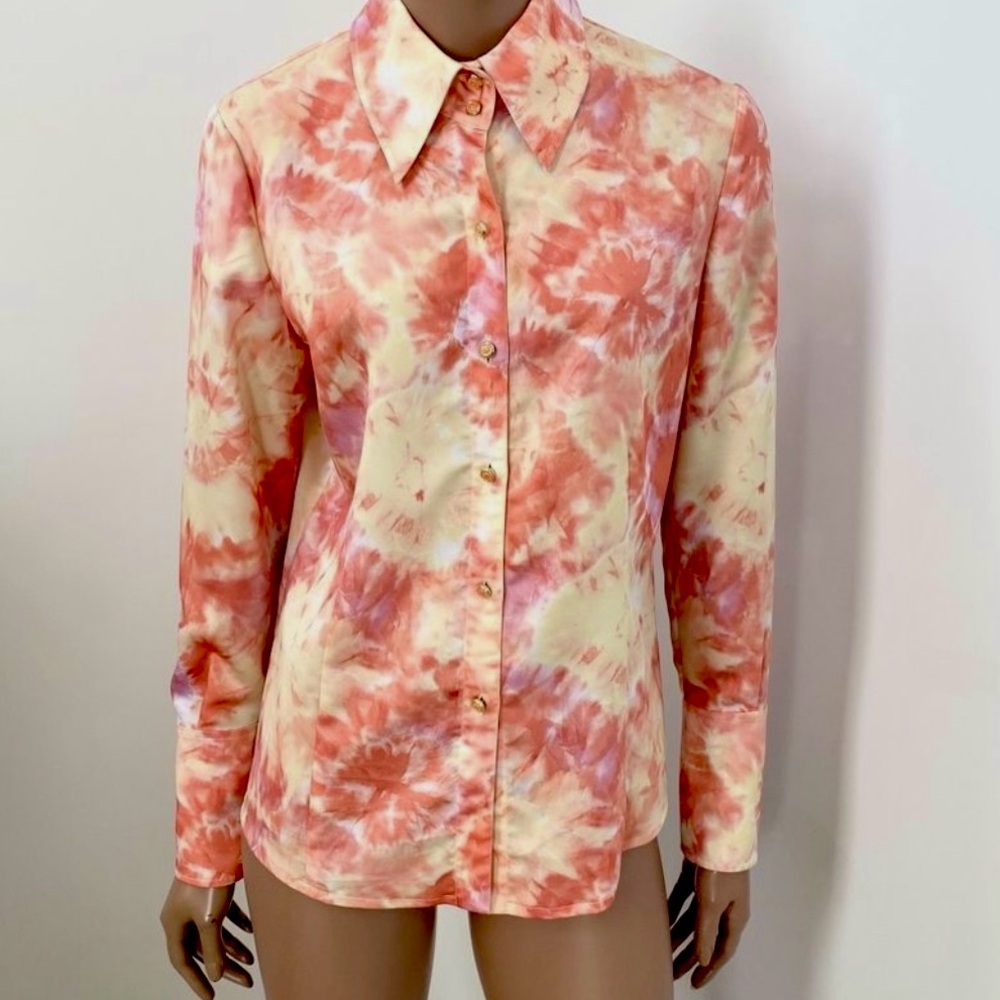 St John Vintage Orange Yellow Tie Dye Enamel Button Down Blouse-Size 14